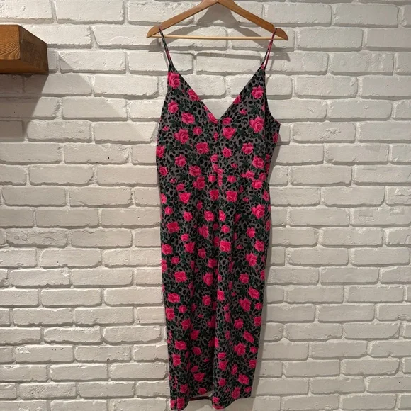 Floral Slip Dress Pink Rose Print Midi Bodycon Spaghetti Strap Y2K 90s Chic Date - Picture 11 of 12